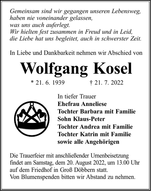 Traueranzeige Wolfgang Kosel