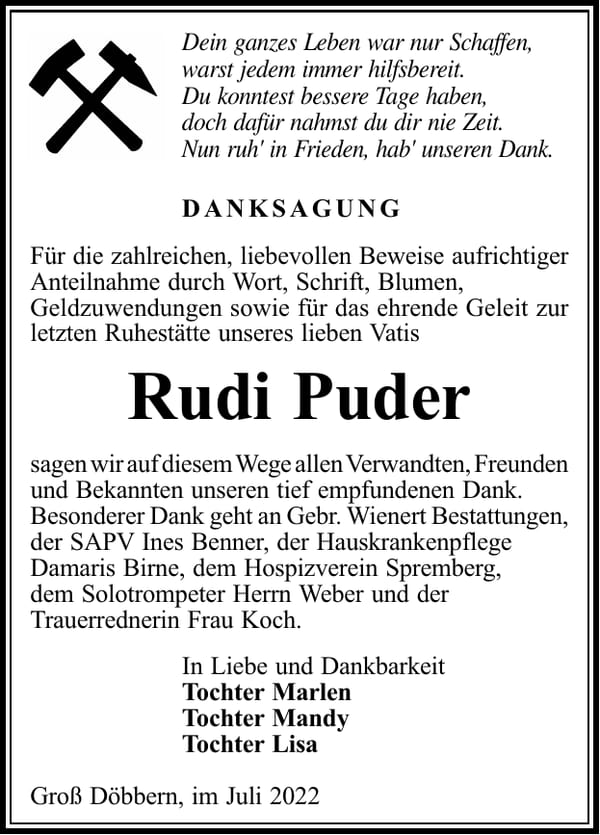 Danksagung Rudi Puder