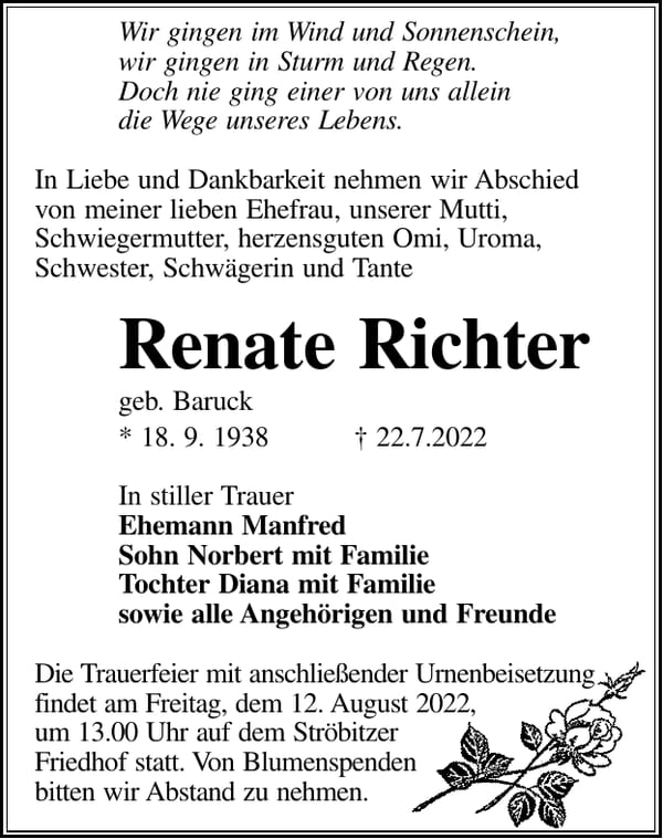 Traueranzeige Renate Richter, geb. Baruck