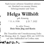 Traueranzeige Helga Willhöft, geb. Krautzig
