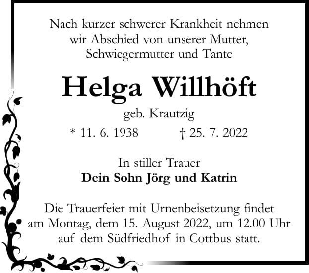 Traueranzeige Helga Willhöft, geb. Krautzig