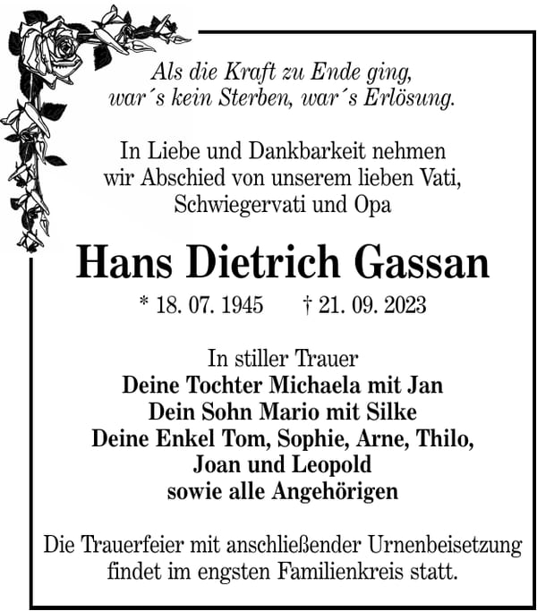 Traueranzeige Hans Dietrich Gassan