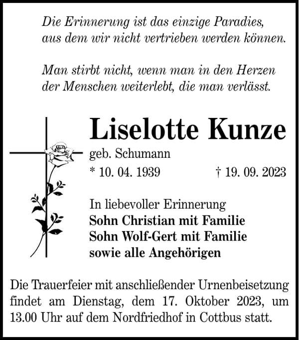 Traueranzeige Liselotte Kunze, geb. Schumann