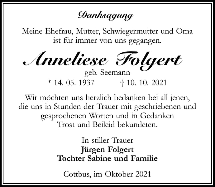 Danksagung Anneliese Folgert, geb. Seemann