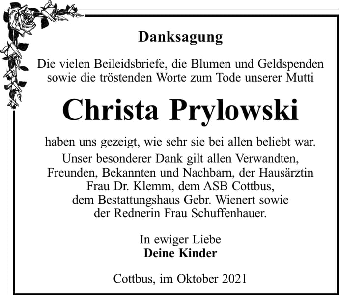 Danksagung Christa Prylowski