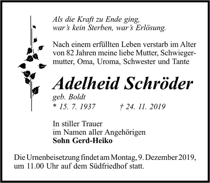 Traueranzeige Adelheid Schröder, geb. Boldt