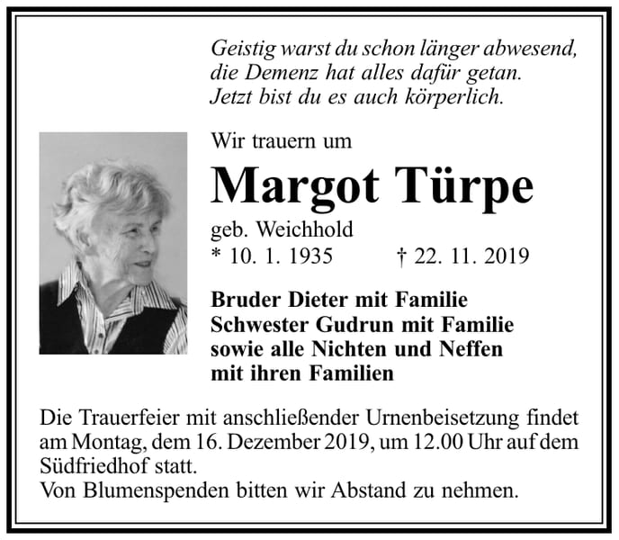 Traueranzeige Margot Türpe, geb. Weichhold