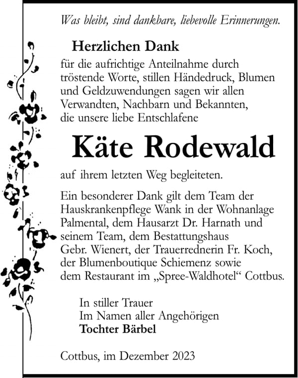 Danksagung Käte Rodewald