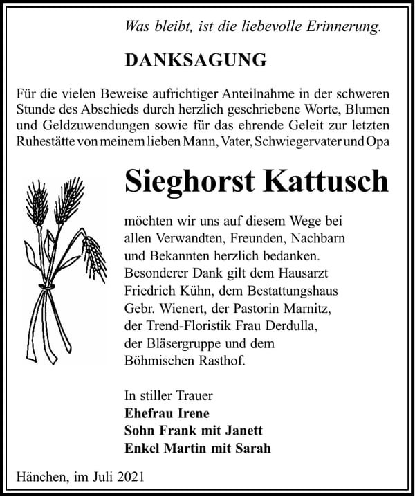Danksagung Sieghorst Kattusch