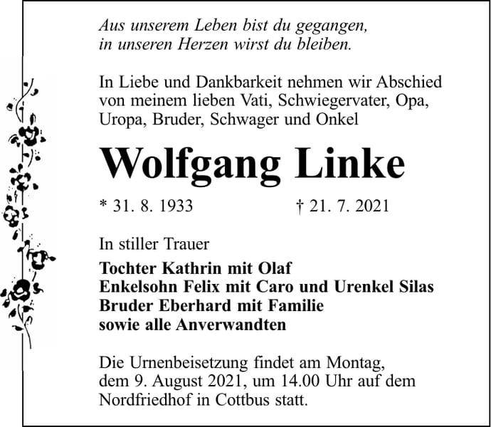 Traueranzeige Wolfgang Linke