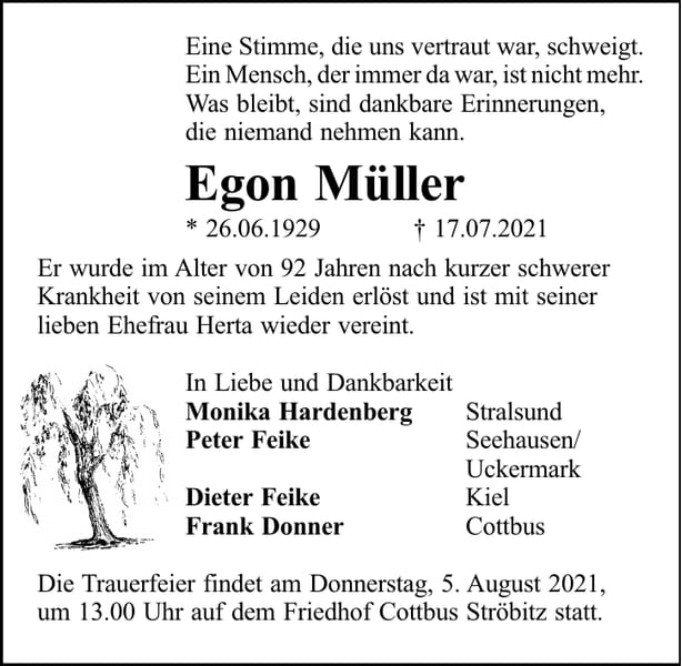 Traueranzeige Egon Müller
