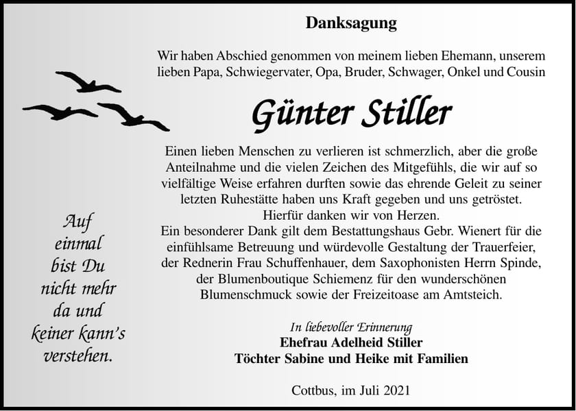 Danksagung Günter Stiller
