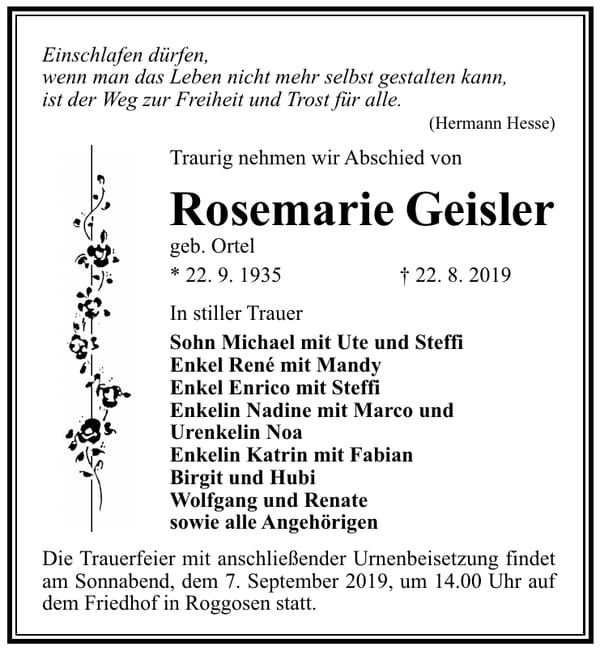 Traueranzeige Rosemarie Geisler, geb. Ortel