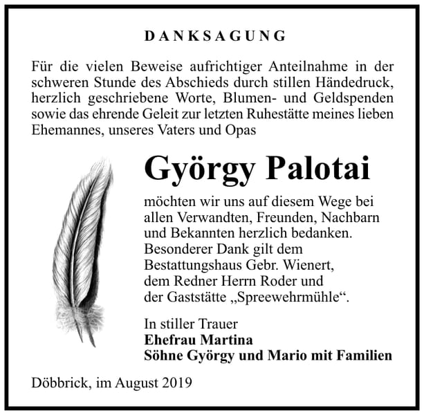 Traueranzeige György Palotai