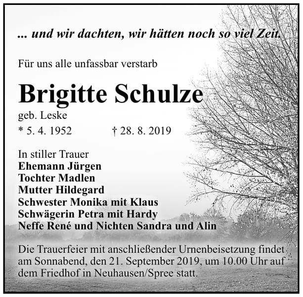 Traueranzeige Brigitte Schulze, geb. Leske