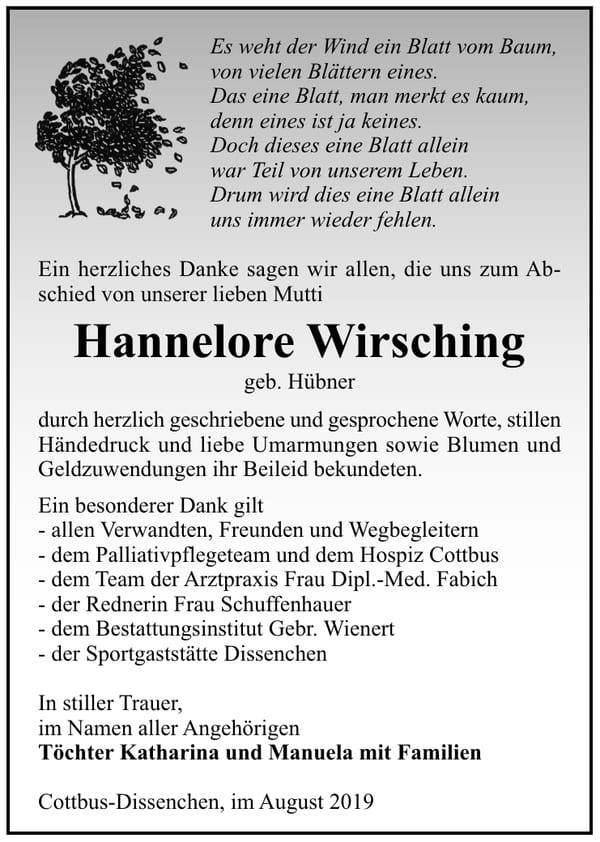Traueranzeige Hannelore Wirsching, geb. Hübner