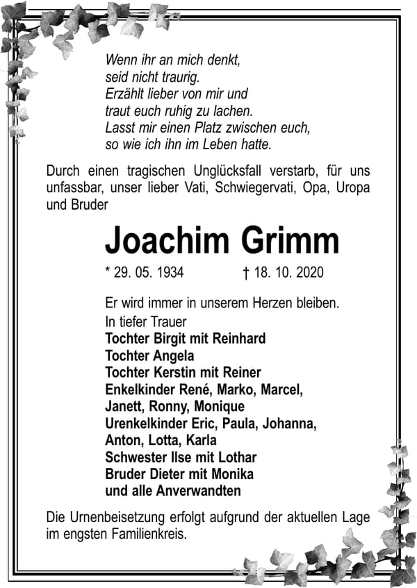 Traueranzeige Joachim Grimm