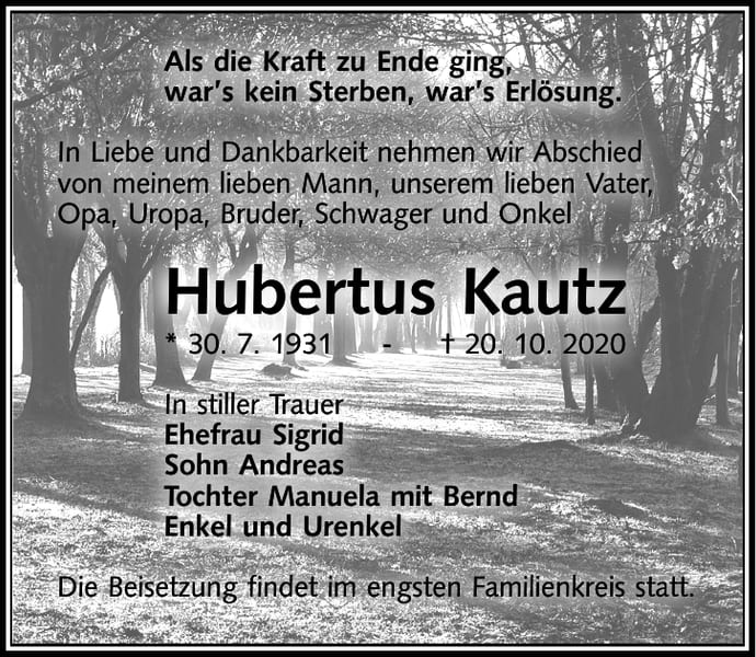 Traueranzeige Hubertus Kautz