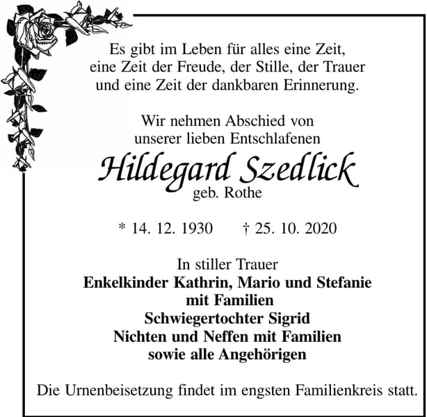 Traueranzeige Hildegard Szedlick, geb. Rothe