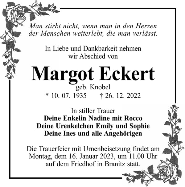 Traueranzeige Margot Eckert, geb. Knobel