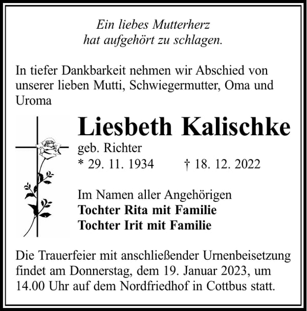 Traueranzeige Liesbeth Kalischke, geb. Richter