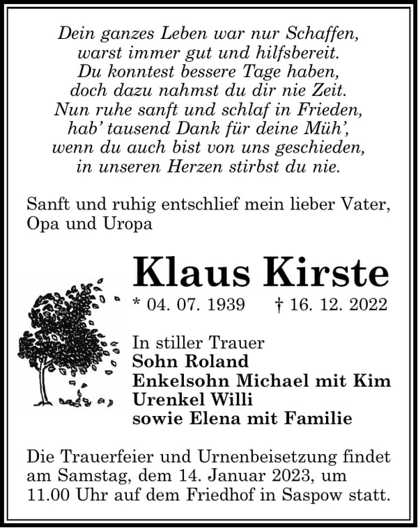 Traueranzeige Klaus Kirste