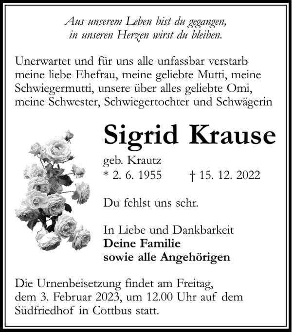 Traueranzeige Sigrid Krause, geb. Krautz