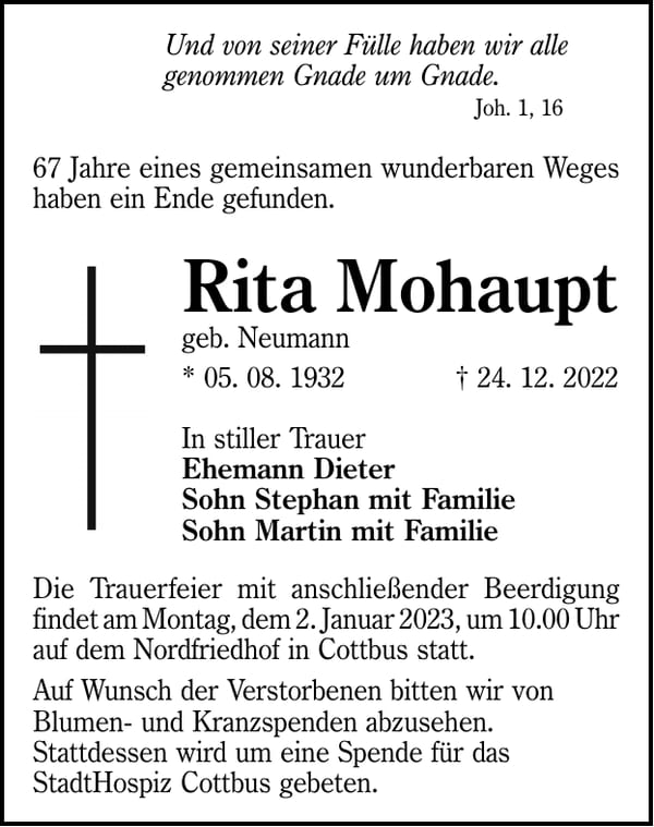 Traueranzeige Rita Mohaupt, geb. Neumann