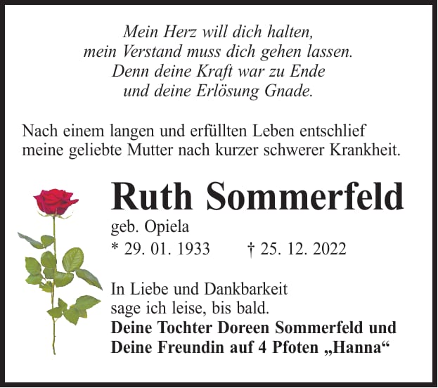 Traueranzeige Ruth Sommerfeld, geb. Opiela