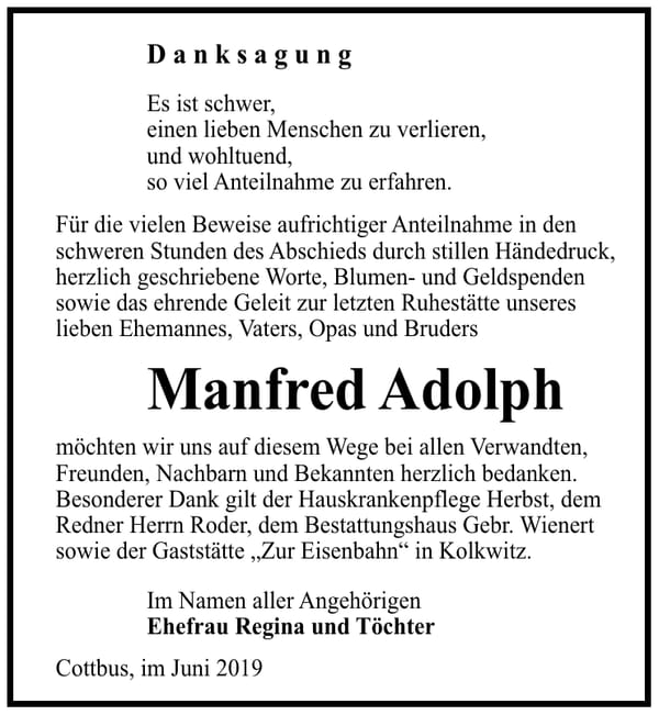 Traueranzeige Manfred Adolph