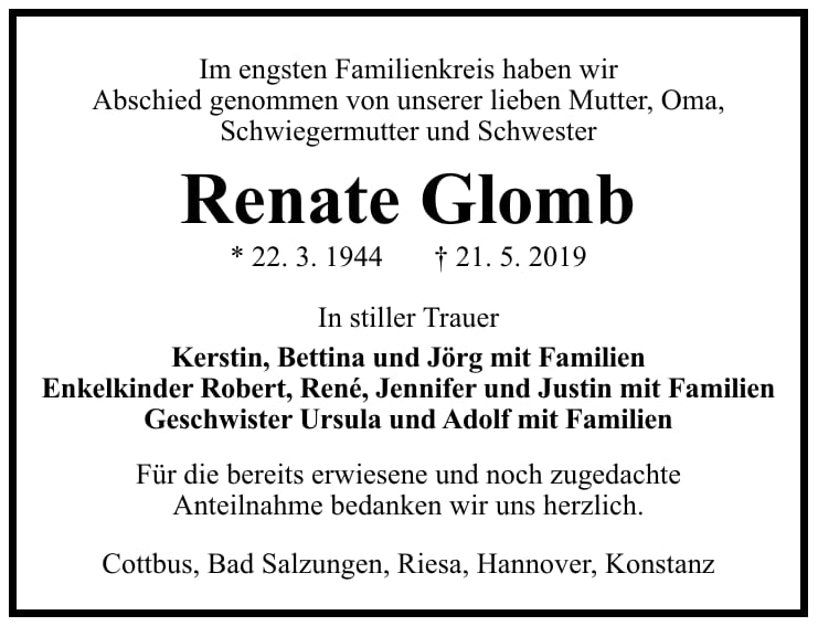 Traueranzeige Renate Glomb