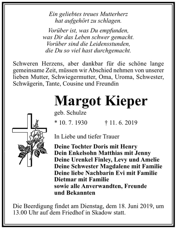 Traueranzeige Margot Kieper, geb. Schulze