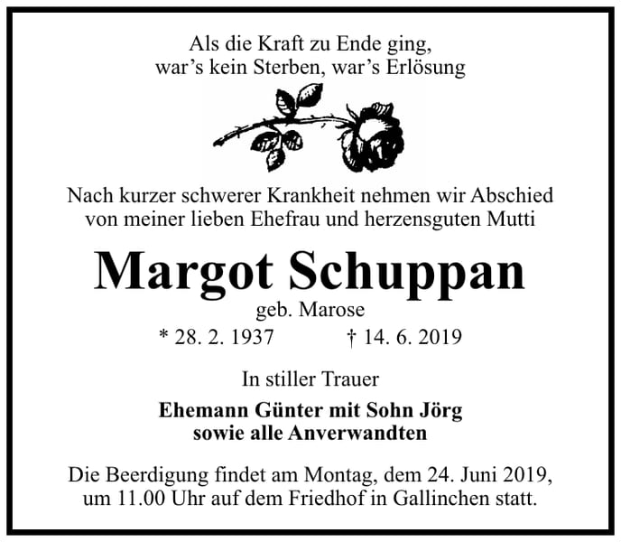 Traueranzeige Margot Schuppan, geb. Marose
