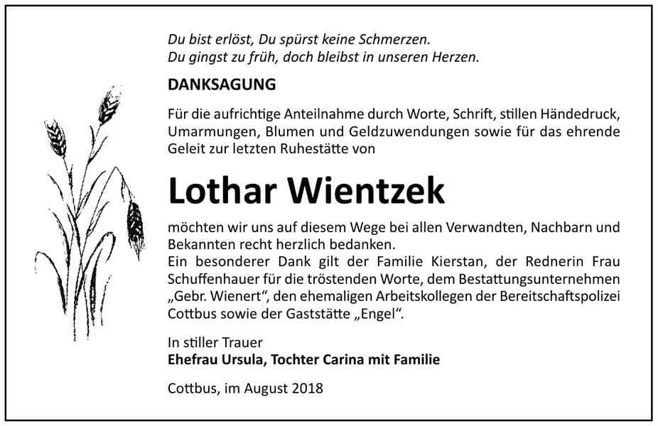 Danksagung Lothar Wientzek