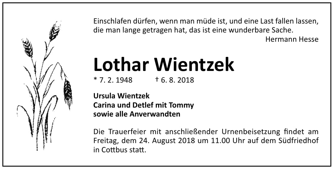 Traueranzeige Lothar Wientzek