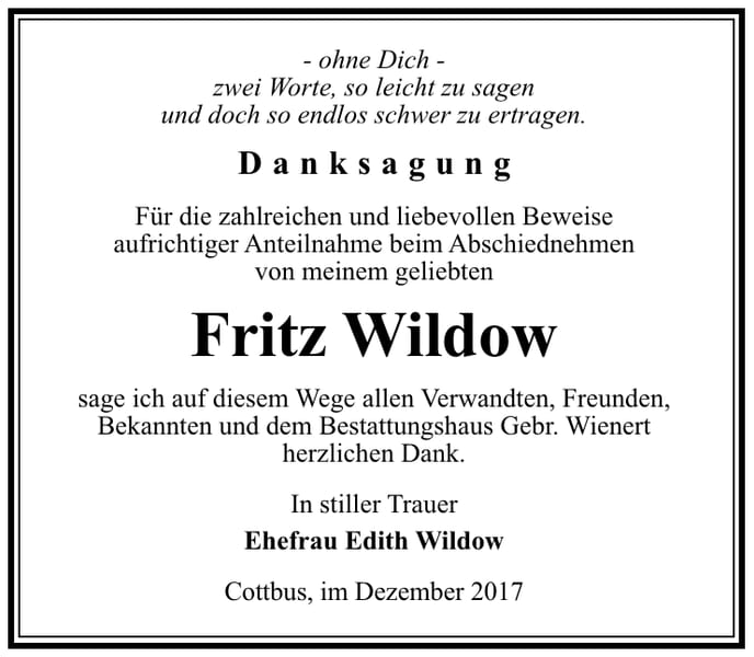 Danksagung Fritz Wildow
