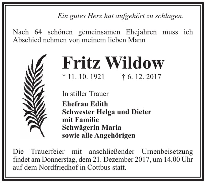 Traueranzeige Fritz Wildow