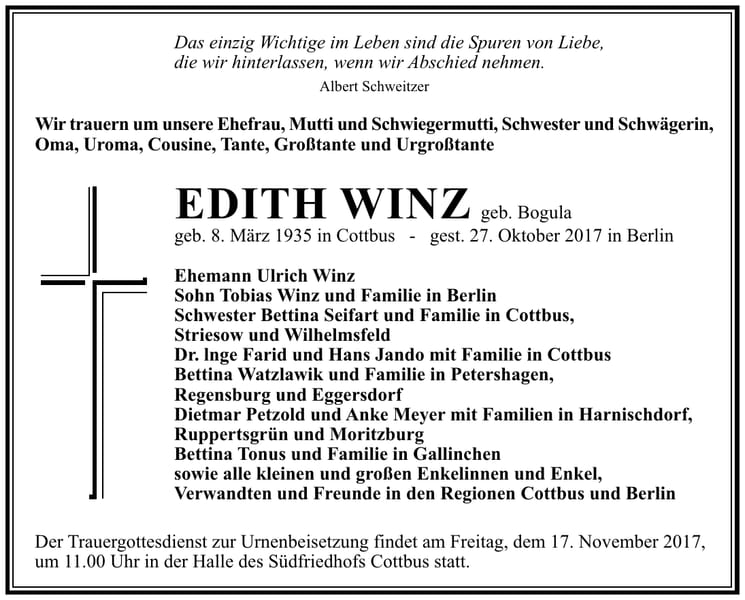 Traueranzeige EDITH WINZ, geb. Bogula