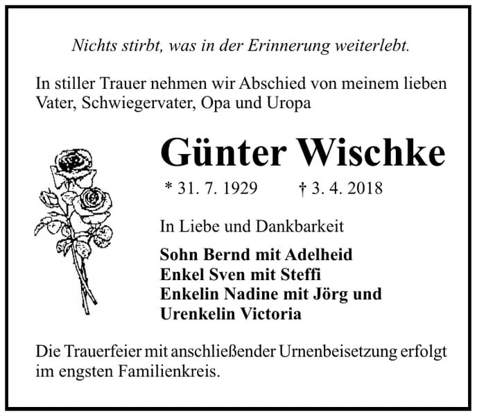 Traueranzeige Günter Wischke