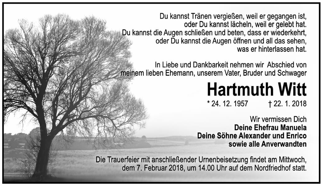 Traueranzeige Hartmuth Witt
