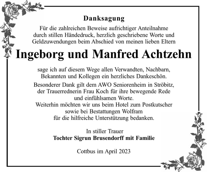 Danksagung Ingeborg und Manfred Achtzehn