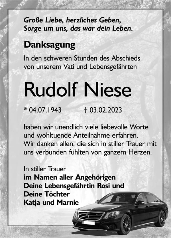 Danksagung Rudolf Niese