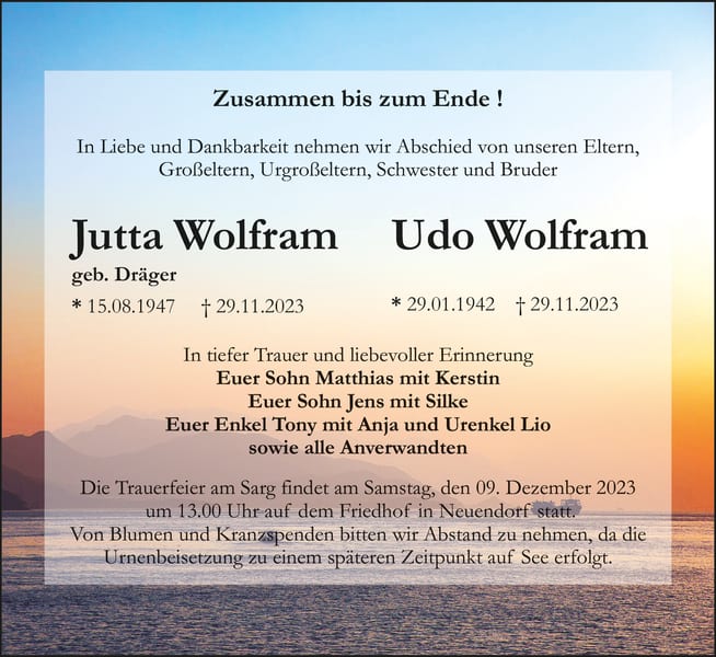 Traueranzeige Jutta Wolfram, geb. Dräger und Udo Wolfram