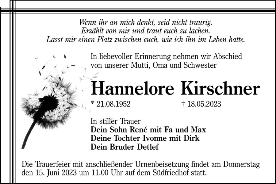 Traueranzeige Hannelore Kirschner