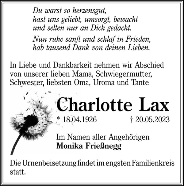 Traueranzeige Charlotte Lax