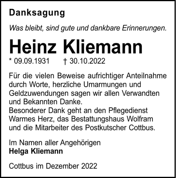 Danksagung Heinz Kliemann