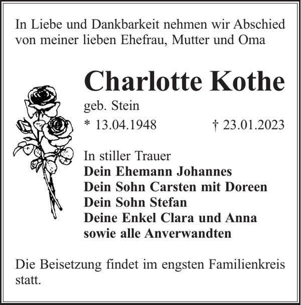 Traueranzeige Charlotte Kothe, geb. Stein