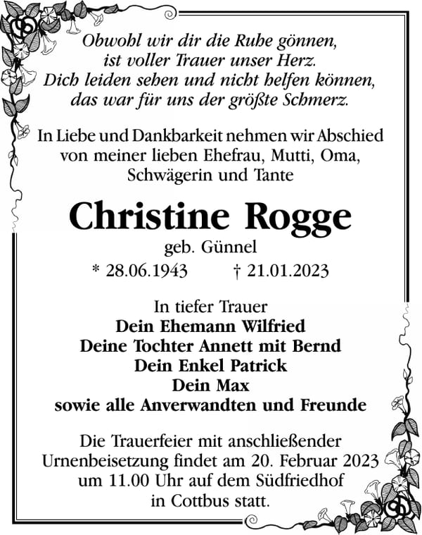 Traueranzeige Christine Rogge, geb. Günnel