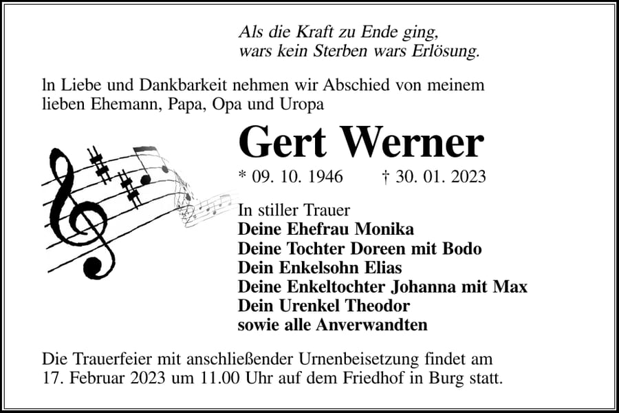Traueranzeige Gert Werner