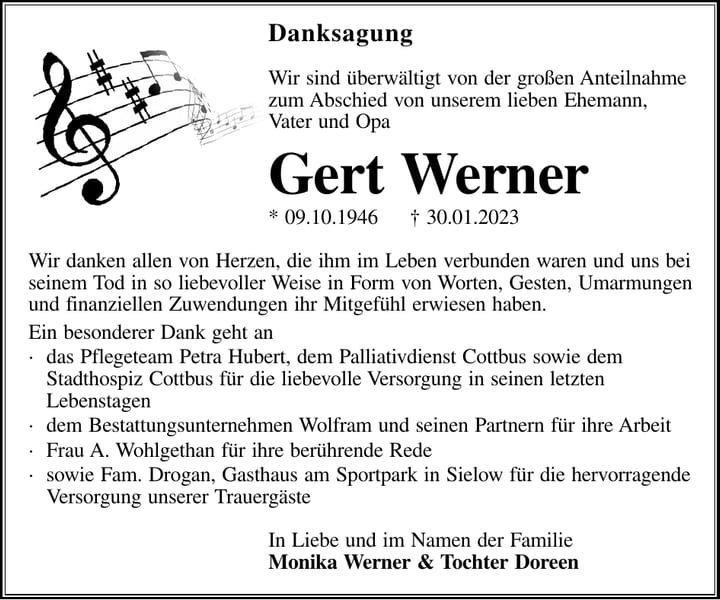 Danksagung Gert Werner